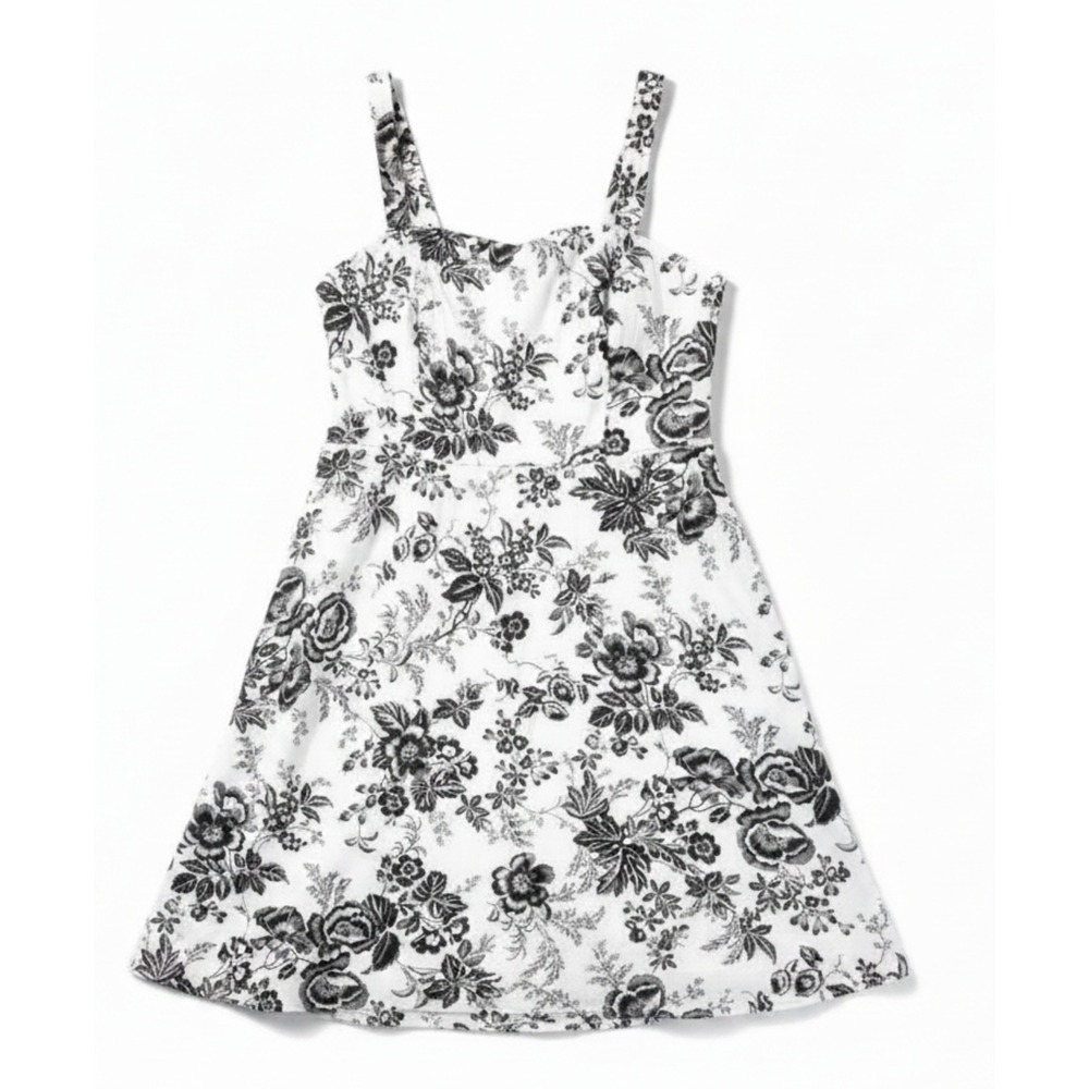 R&K Originals Petite Floral Toile Fit and Flare Dress White Black 14P Sweetheart